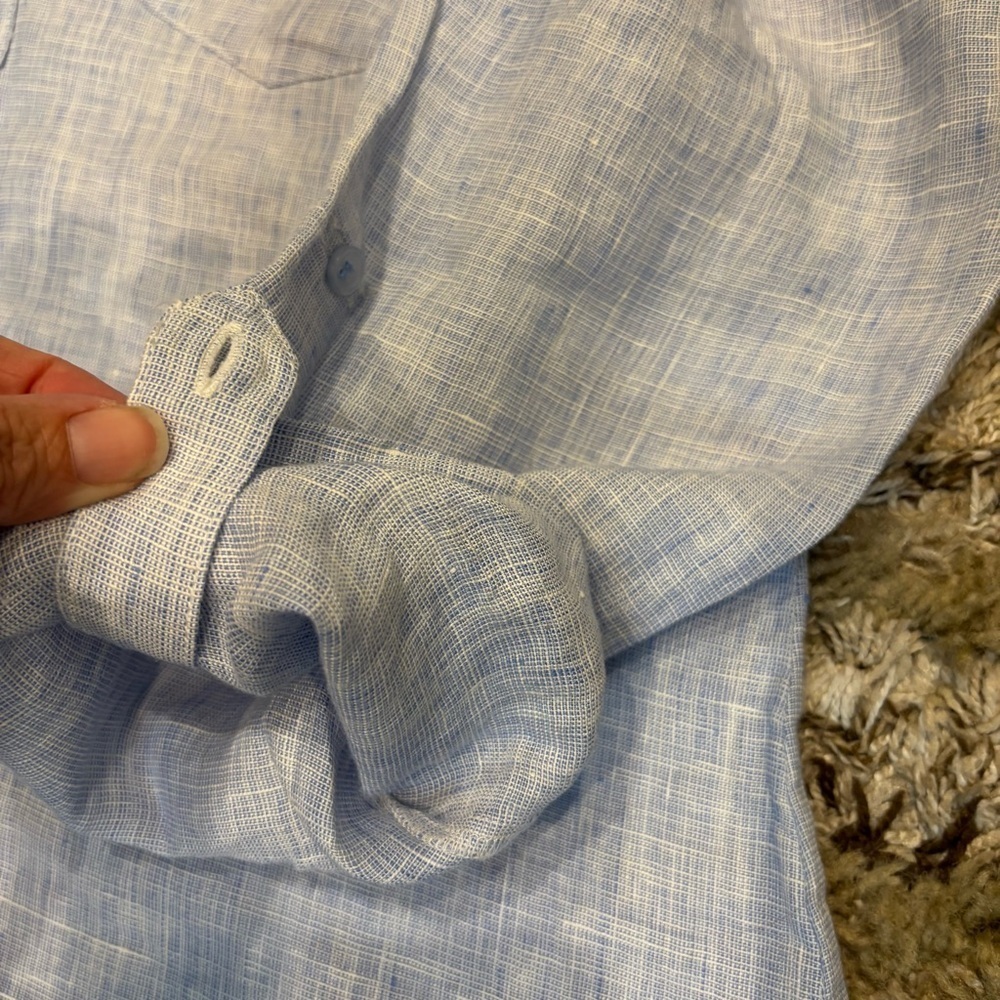 French Curve Linen shirt dress Small Tunic Cover up Blue Long Roll Tab Sleeves - Picture 9 of 12
